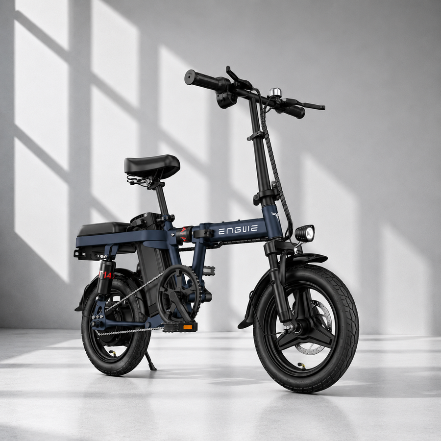 ENGWE T14 foldbar elcykel med 250W motor, 48V 10Ah batteri, op til 42 km rækkevidde, 14-tommer dæk og mekaniske skivebremser.