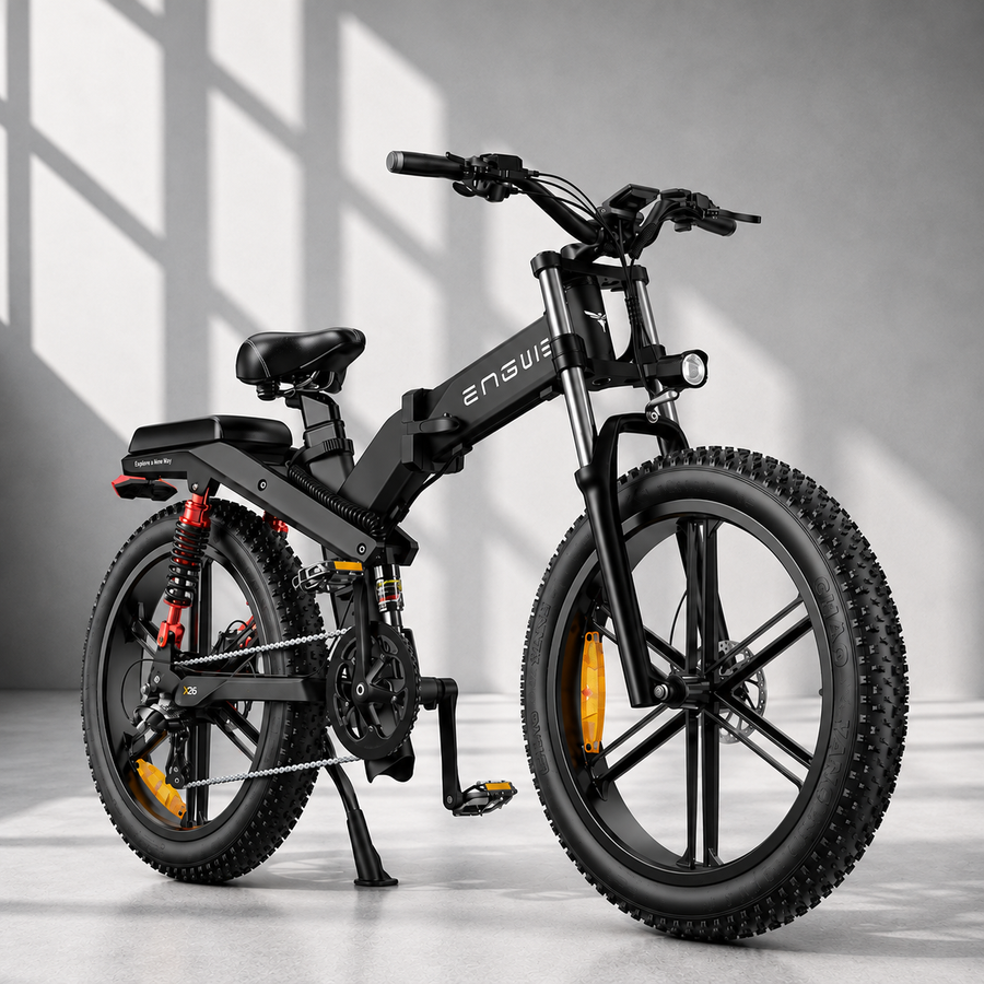 ENGWE X26 foldbar fatbike med triple suspension, 26-tommer fatbike-dæk, op til 150 km rækkevidde, hydrauliske skivebremser og Shimano 8 gear.