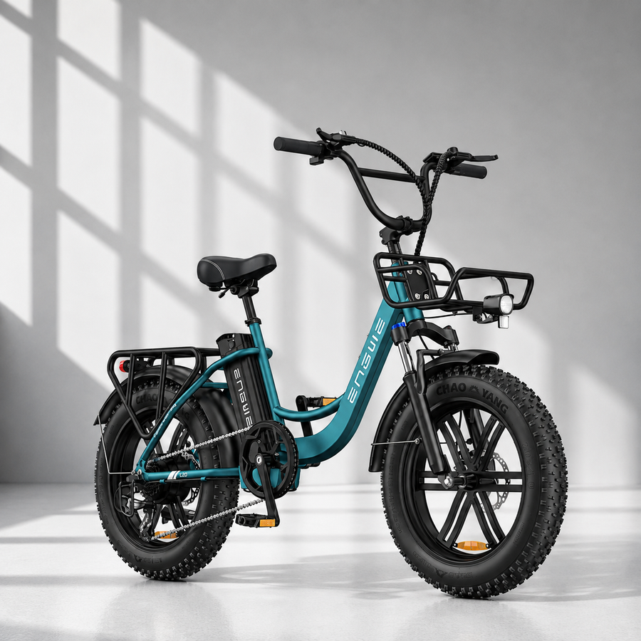 ENGWE L20 Boost fatbike elcykel med 250W motor, 75 Nm moment, op til 126 km rækkevidde, 20-tommer fatbike-dæk og Shimano 7 gear.
