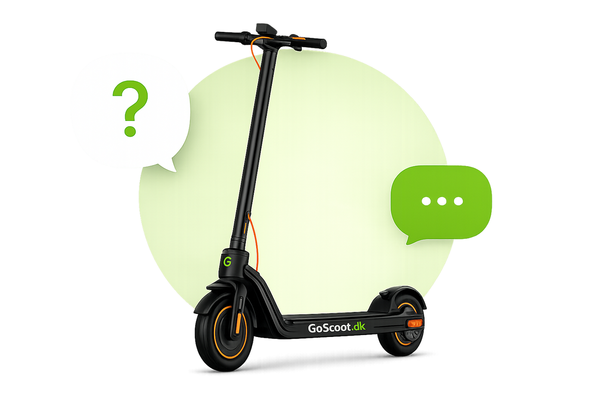 FAQ om el-løbehjul hos GoScoot – illustration med el-løbehjul, spørgsmål og svar