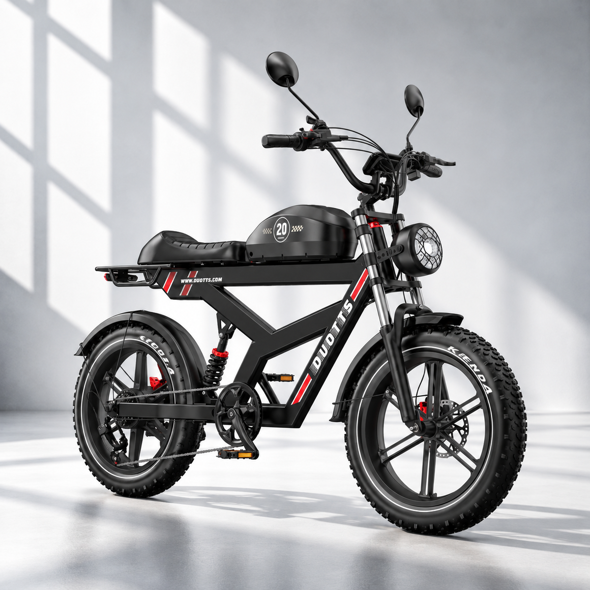 DUOTTS F20 sort el-fatbike med 250W motor, full suspension og 20 tommer fatbike-dæk