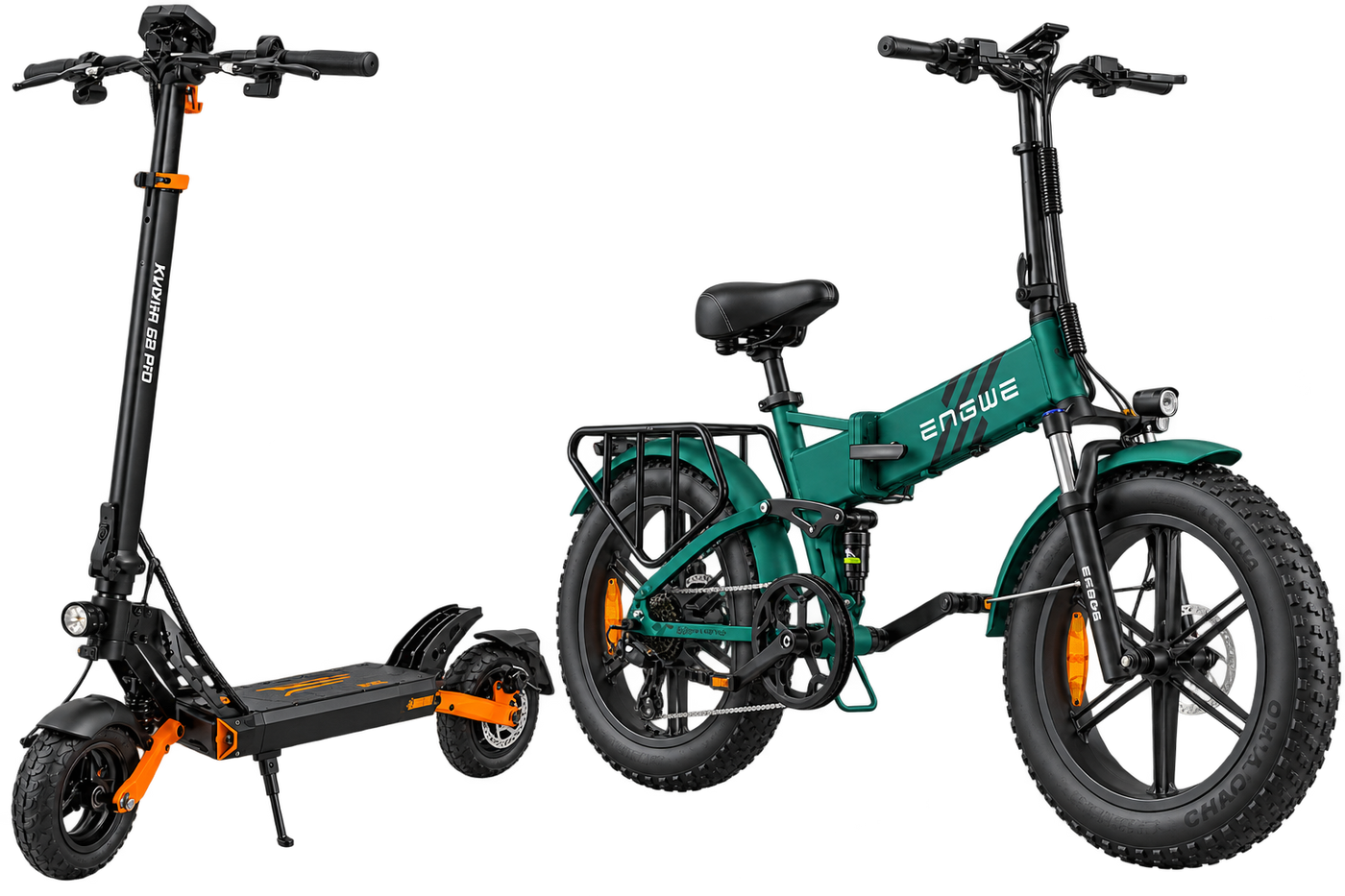 KuKirin G2 Pro el-løbehjul og ENGWE elcykel med fatbike-dæk – elektrisk transport fra GoScoot.dk.
