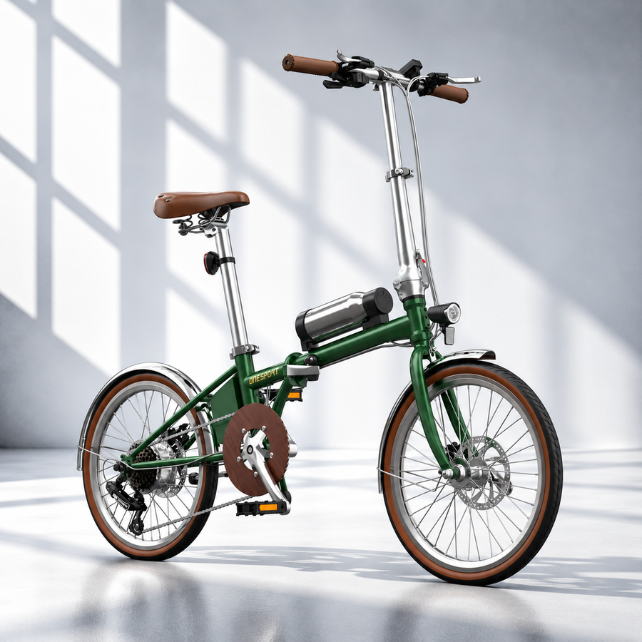 OneSport OT02 Pro grøn foldbar elcykel med 250W motor, momentsensor og 20 tommer hjul